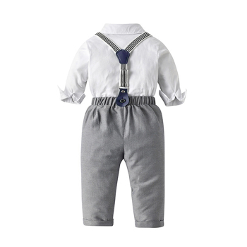 Preview: Perfekt gestylt zum Fest: Set hellgrau-weiss, bestehend aus Hemd-Body mit Fliege, Hosenträger, Hose