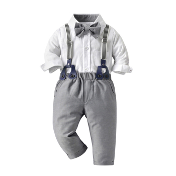 Preview: Perfekt gestylt zum Fest: Set hellgrau-weiss, bestehend aus Hemd-Body mit Fliege, Hosenträger, Hose