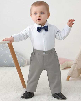 Preview: Pinkvanille-Kollektion: Elegantes Hellgrau-Weisses Anzug-Set, langärmlig, Eigenproduktion