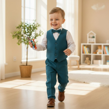 Total chic: Anzug-Set petrol-weiss mit Weste, Hemd, Fliege und Hose