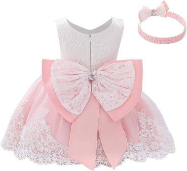 6 Farben: Taufkleid, Ballkleid reich bestickt mit schicker Schleife und passendem Haarband