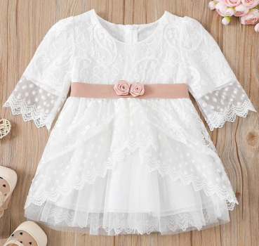 Preview: Festliches Kleidchen mit Blüten am Taillenband, Elfenbein-Champagner - Grösse 68, solange Vorrat