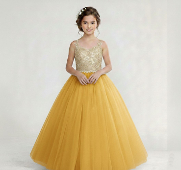 Preview: 3 Farben: Bauschiges langes Festkleid für Mädchen, bicolor mit Spitzenoberteil