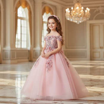 Preview: 3 Farben: Traumhaftes Blumenmädchenkleid mit Blütenapplikationen