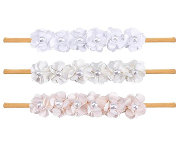 Preview: 3 Farben: Zauberhafte Blütenhaarbänder mit kleiner Deko-Perle, super-elastisch und weich