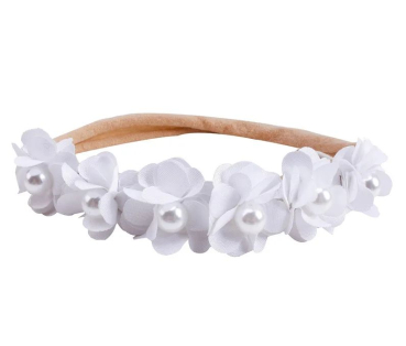 Preview: 3 Farben: Zauberhafte Blütenhaarbänder mit kleiner Deko-Perle, super-elastisch und weich