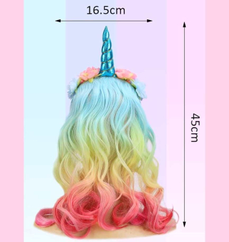 Preview: Einhorn Haarreif mit bunten Haarsträhnen und hübschen Blüten