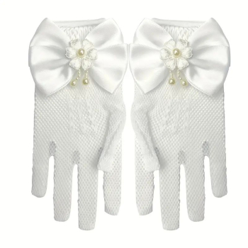 Preview: Die gehen den ganzen Tag: Softe weisse Netzhandschuhe mit zauberhafter Deko