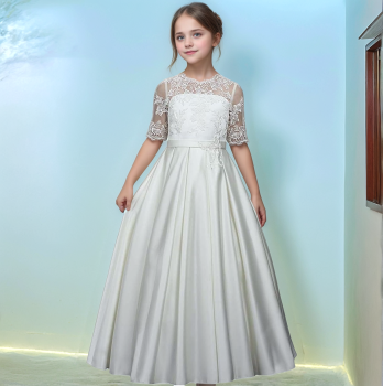 Wunderschönes langes Premium-Festkleid für Kommunion und Hochzeit, edel im Seiden-Look