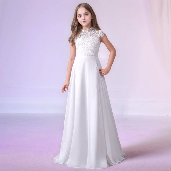 Preview: Elegant zum grossen Fest: Kommunionskleid mit Spitzen und Chiffon und kurzen Ärmeln