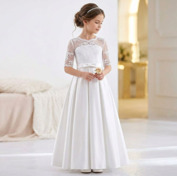 Premium Festkleid, elegant mit zarten Spitzen für Kommunion, Hochzeit etc. Satin-/Seidenlook
