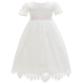 Preview: Langes Nostalgie Taufkleid mit zartrosa Taillenband und vielen Spitzen