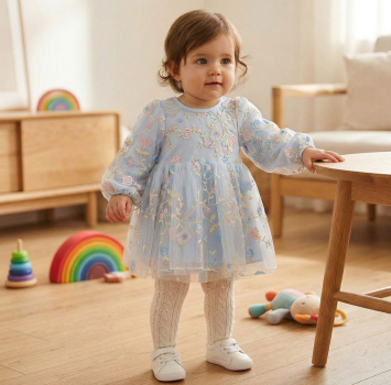 Tunika-Kleidchen für Babygirls, hellblau mit süssen Stickereien, langärmlig