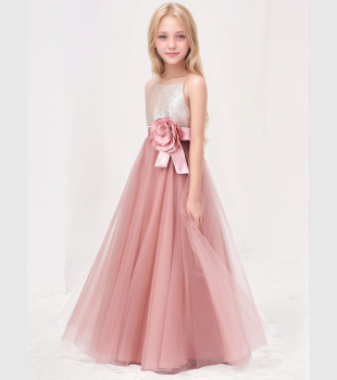 Elegantes langes Festkleid für Mädchen in Altrosa mit feinen Gold-Details