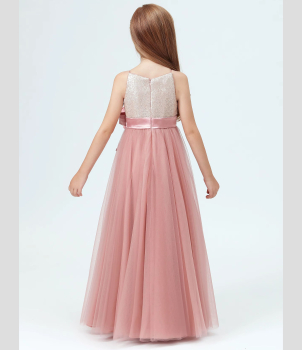 Preview: Elegantes langes Festkleid für Mädchen in Altrosa mit feinen Gold-Details