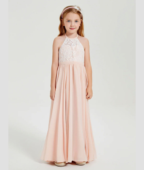 Zauberhaftes schmales Neckholder-Kleid für schöne Anlässe - bicolor elfenbein-puderrosa, Grösse 122