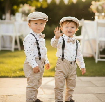 Festliches Set im schönen Leinen-Look. Mit Hosenträgern, Fliege und Beret