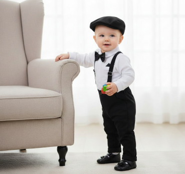 Elegant: Klassischer, stilsicherer Look mit Hosenträger und Beret in schwarz