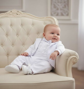 Chic: Taufanzug in weiss - eleganter Einteiler im Smoking-Stil