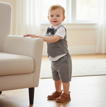 Pinkvanille-Collection: Elegantes Hellgrau-Weisses Anzug-Set für warme Tage