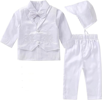 Preview: Edler Taufanzug klassisch und stilvoll in Weiss mit schönen Stickereien