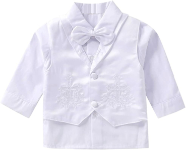 Preview: Edler Taufanzug klassisch und stilvoll in Weiss mit schönen Stickereien