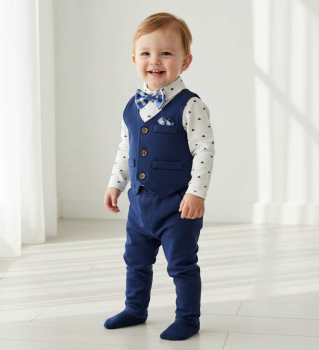 Tolles Outfit: Anzug-Set blau, mit Hemd-Body, Fliege, Weste und Hose