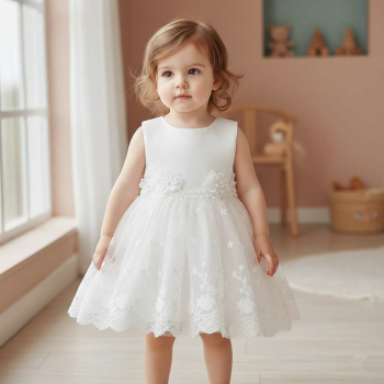 Bezauberndes Taufkleid ärmellos mit zarten Blüten am Taillenband und Blütenstickereien