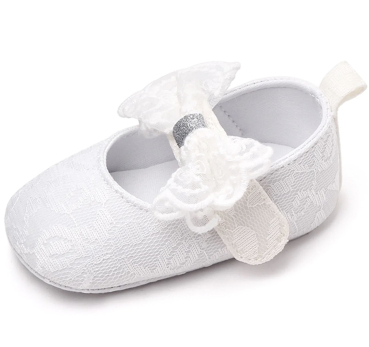 Preview: Elegante Taufschuhe Baby-Ballerinas mit Schleife, in der Mitte in dezentem, mattem Silber-Glanz