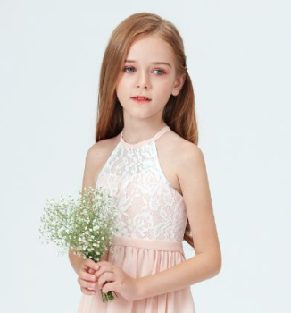 Zauberhaftes schmales Neckholder-Kleid für schöne Anlässe - bicolor elfenbein-puderrosa, Grösse 122