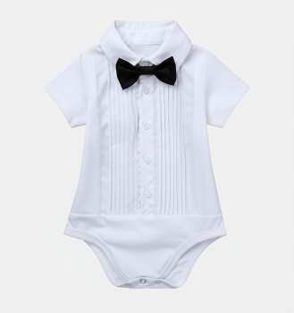 Preview: Richtig chic und aus eigener Produktion: Hemdbody mit toller Smoking-Optik und Fliege, kurz- und langärmlig