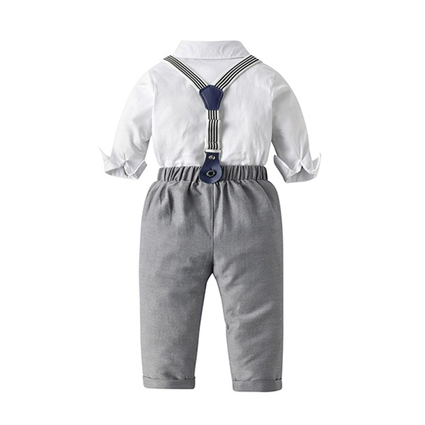 Perfekt gestylt zum Fest: Set hellgrau-weiss, bestehend aus Hemd-Body mit Fliege, Hosenträger, Hose