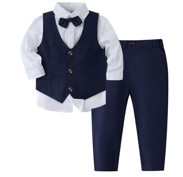 Total chic: Anzug-Set navyblau mit Weste, Hemd, Fliege und Hose, Grösse 80