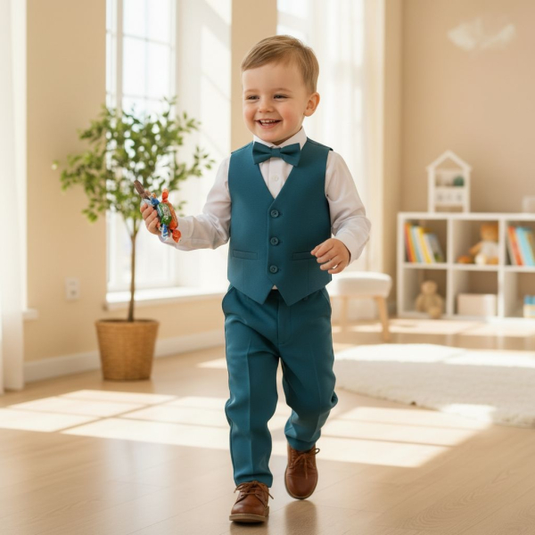 Total chic: Anzug-Set petrol-weiss mit Weste, Hemd, Fliege und Hose