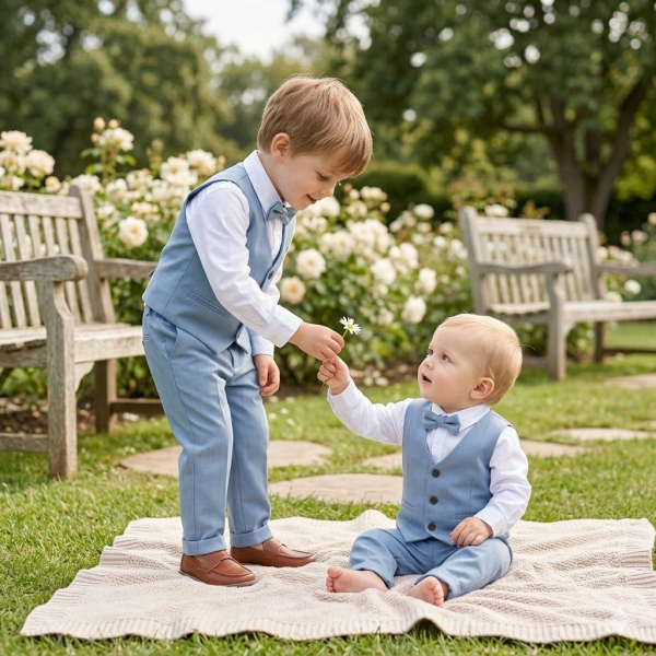 Total chic: Anzug-Set taubenblau mit Weste, Hemd, Fliege und Hose