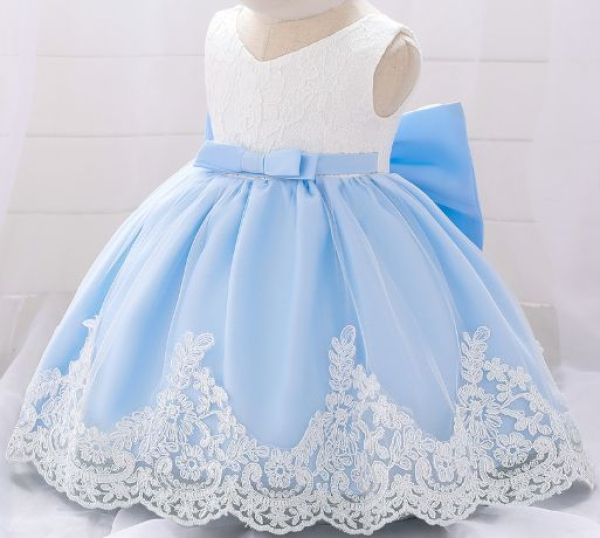 6 Farben: Taufkleid, Ballkleid reich bestickt mit schicker Schleife und passendem Haarband