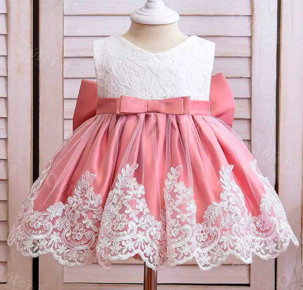 6 Farben: Taufkleid, Ballkleid reich bestickt mit schicker Schleife und passendem Haarband