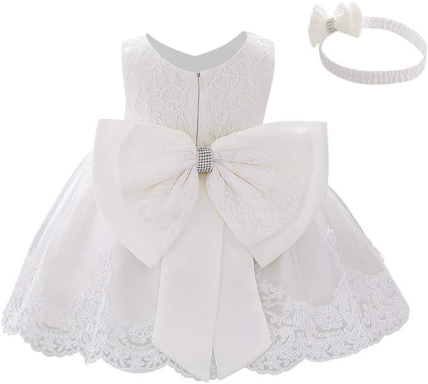 6 Farben: Taufkleid, Ballkleid reich bestickt mit schicker Schleife und passendem Haarband