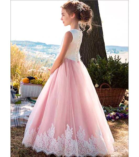 Langes Traumkleid, bicolor rosa-weiss - sehr elegant mit Spitzendeko
