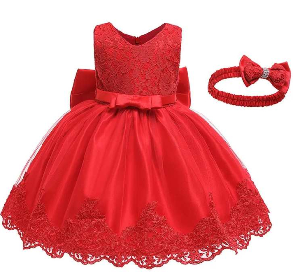 Wunderschönes rotes Ballkleidchen für Babygirls, mit Schleife und Haarband