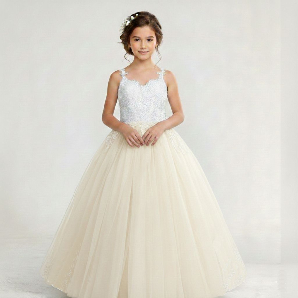 3 Farben: Bauschiges langes Festkleid für Mädchen, bicolor mit Spitzenoberteil