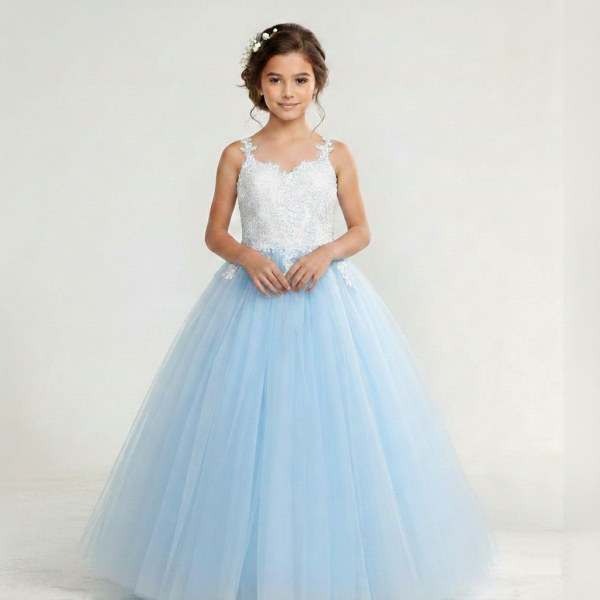 3 Farben: Bauschiges langes Festkleid für Mädchen, bicolor mit Spitzenoberteil