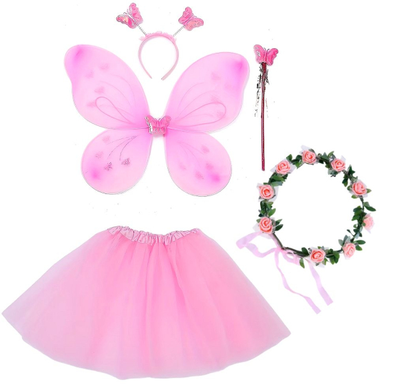Geschenkset für kleine Feen: Blütenkränzchen, Flügel, Zauberstab, Haarband, Haarreif und Tutu in rosa