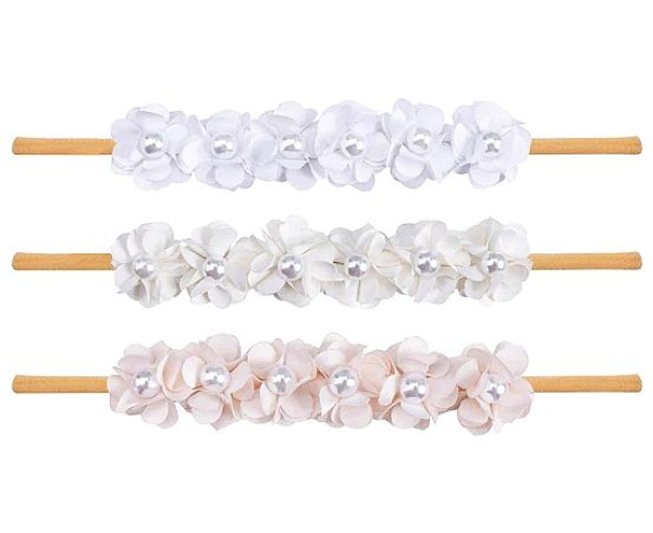 3 Farben: Zauberhafte Blütenhaarbänder mit kleiner Deko-Perle, super-elastisch und weich
