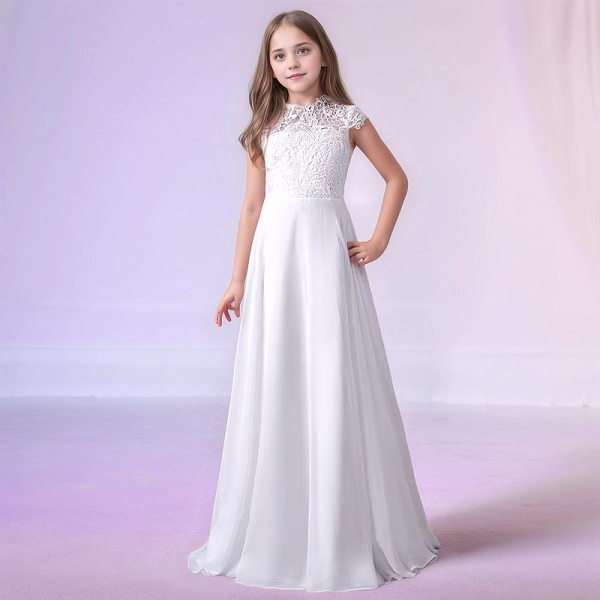 Elegant zum grossen Fest: Kommunionskleid mit Spitzen und Chiffon und kurzen Ärmeln