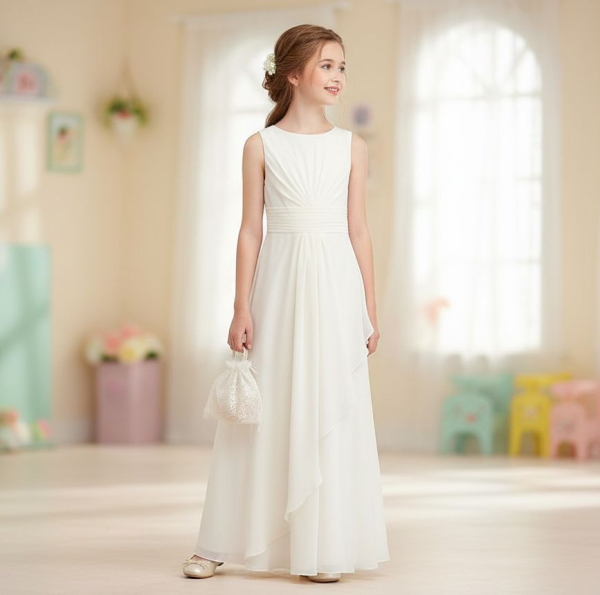 Sehr elegantes langes Kleid mit schönen Details, softweiss mit gerafftem Taillenband zum binden