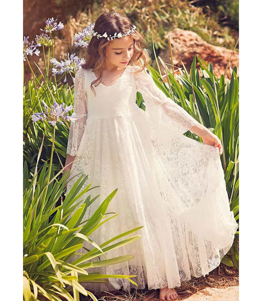 Festkleid für Mädchen softweiss mit weiten Ärmeln - toller Vintage-Look mit Chiffon und Spitzen