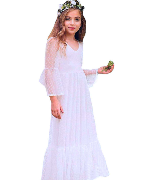 Ein zauberhafter Traum in softem Weiss: Festkleid für Hochzeiten, Kommunion und Sommerfeste, zart gepunktete Chiffon-Ärmel