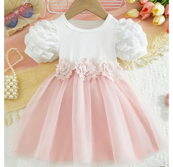 Perfekt für den ersten Geburtstag! Prinzessinnenkleidchen bicolor rosa-weiss mit Puffärmeln