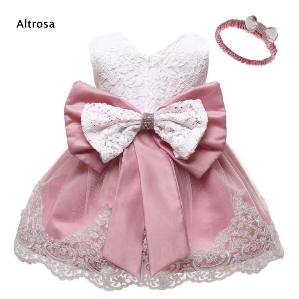 6 Farben: Taufkleid, Ballkleid reich bestickt mit schicker Schleife und passendem Haarband